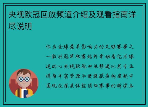 央视欧冠回放频道介绍及观看指南详尽说明