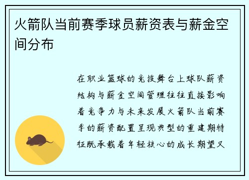 火箭队当前赛季球员薪资表与薪金空间分布